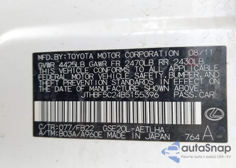 2011 Lexus Is 250 from USA, damaged, VIN JTHBF5C24B5155396